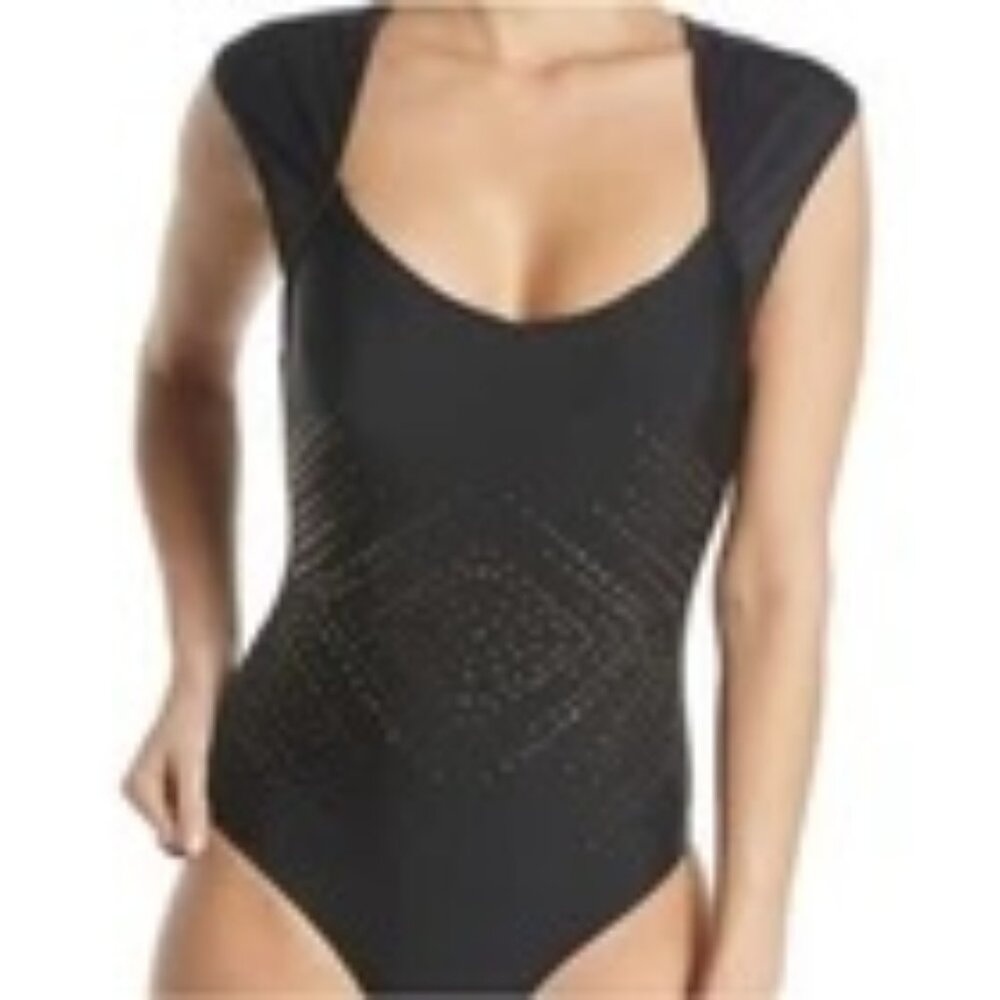 Nicole Miller One Piece Swimsuit Womens 8 Black Gold Nailhead Cap Sleeve